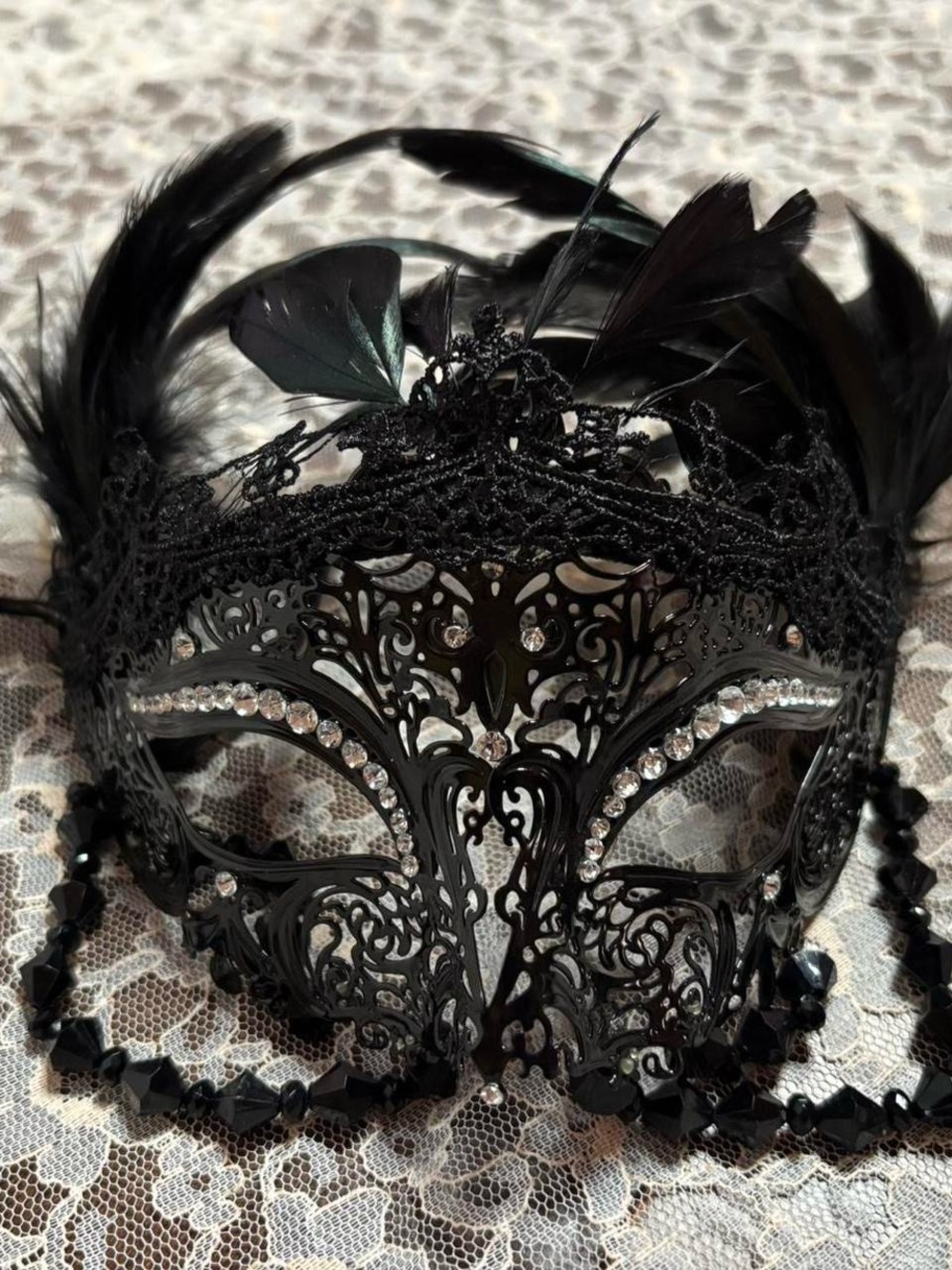 Black Feathered Lace Masquerade Mask with Rhinestones